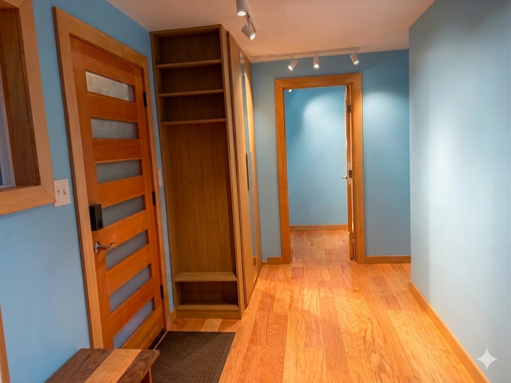 Renovated entryway with custom wood door and built-in closet