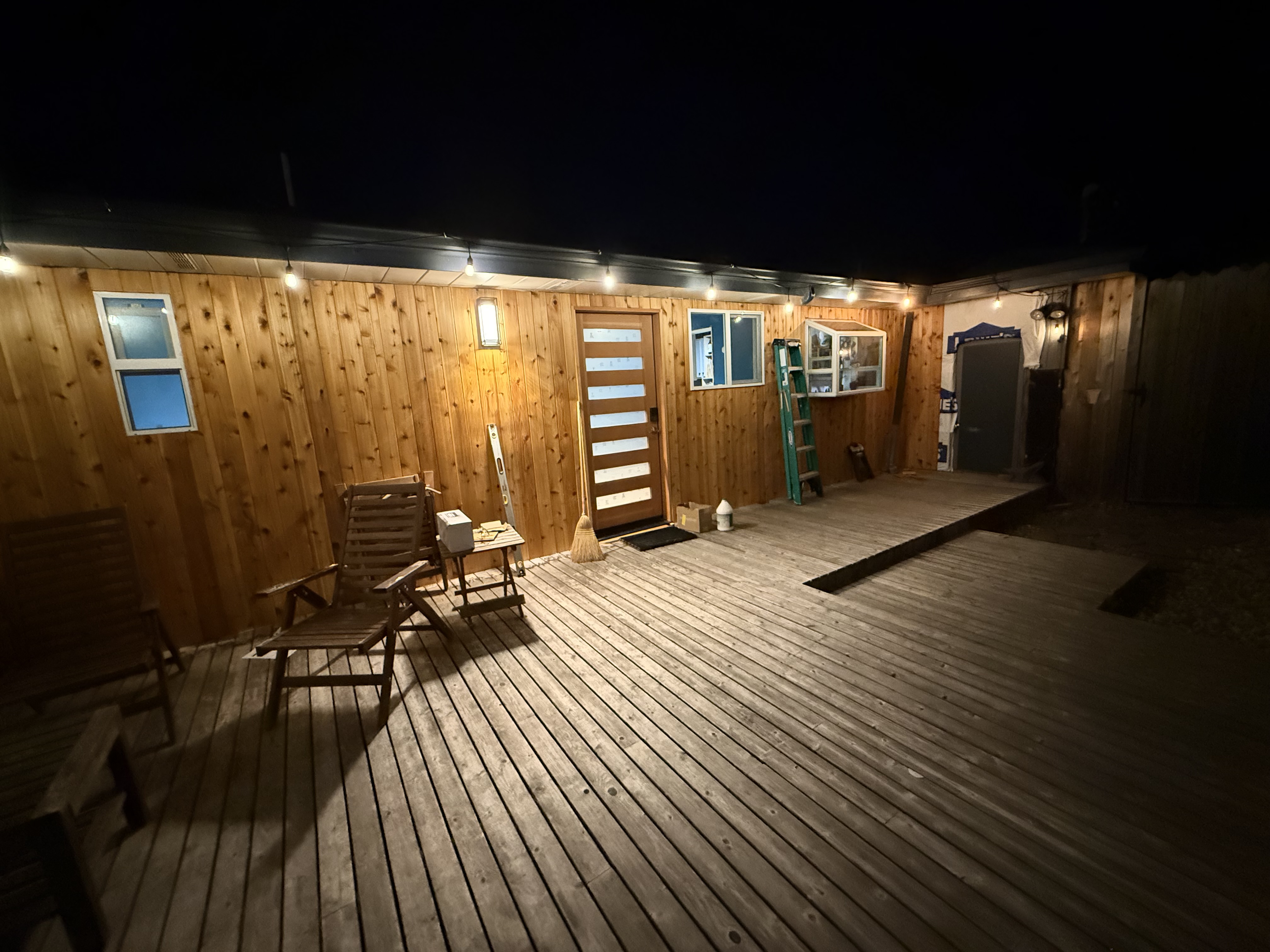 New deck and outdoor living space at dusk