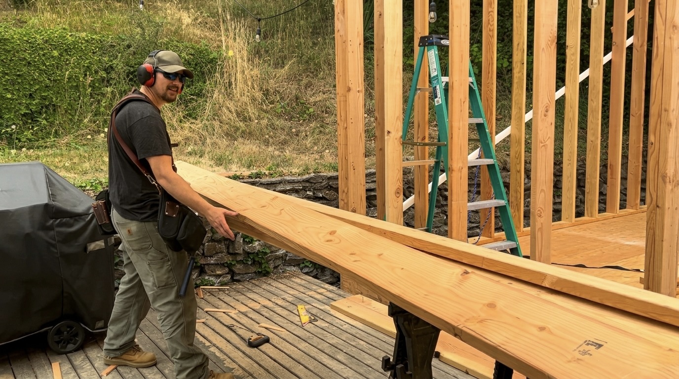 Crew framing a new structure on site